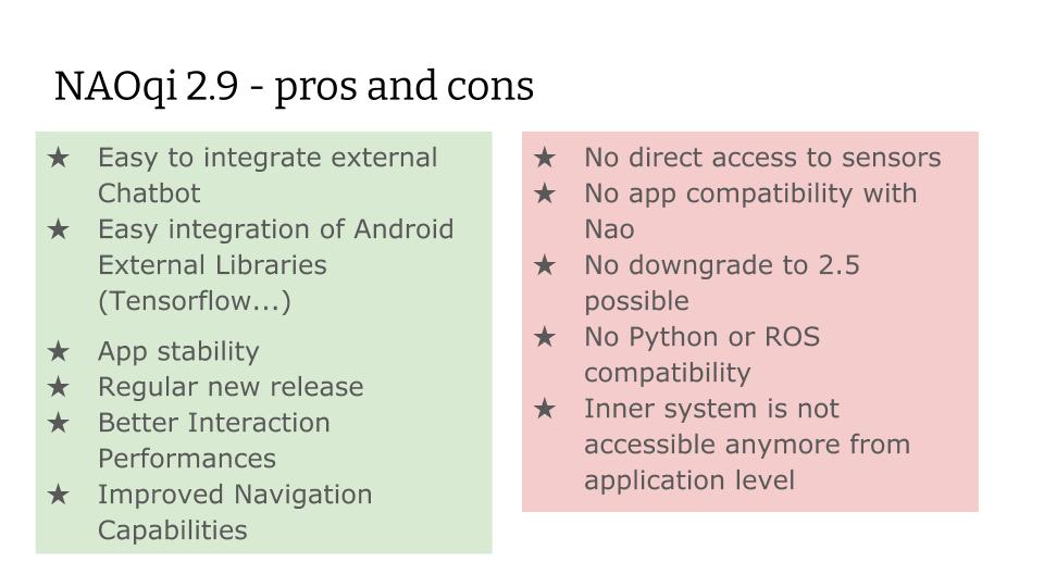NAOqi 2.9 - pros and cons