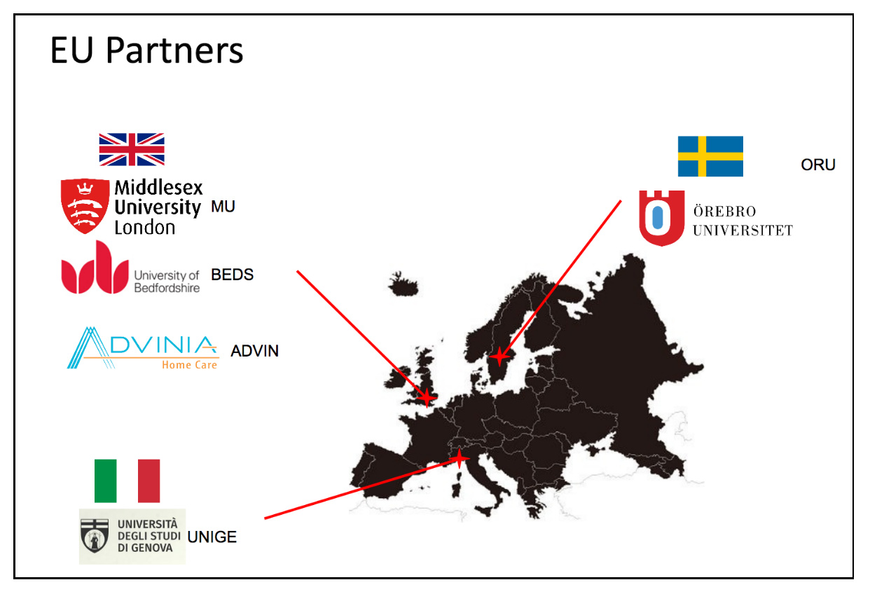 CARESSES is an International collaboration of expert institutions including EU universities and a network of residential and nursing care homes. The map of the EU CARESSES partners