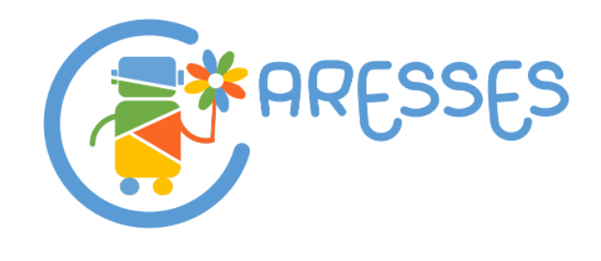 Logo Caresses, a drawning where a robot offers multicolored flower petals Logo caresses
