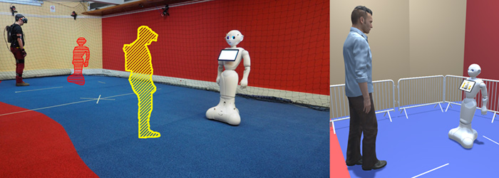 Fig. 11. Virtual Reality platform to study interactions between robots and humans in navigation tasks. Inria Simulator.
