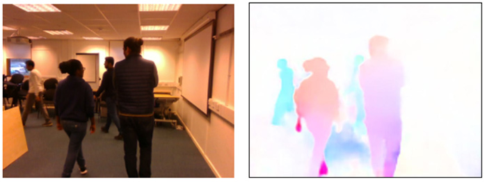 Fig. 6. Example of the output of the Optical Flow system. Left, RGB image. Right, optical flow.