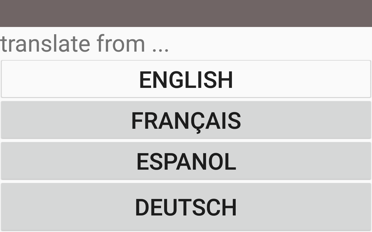 Screenshot of the app first layer with available languages