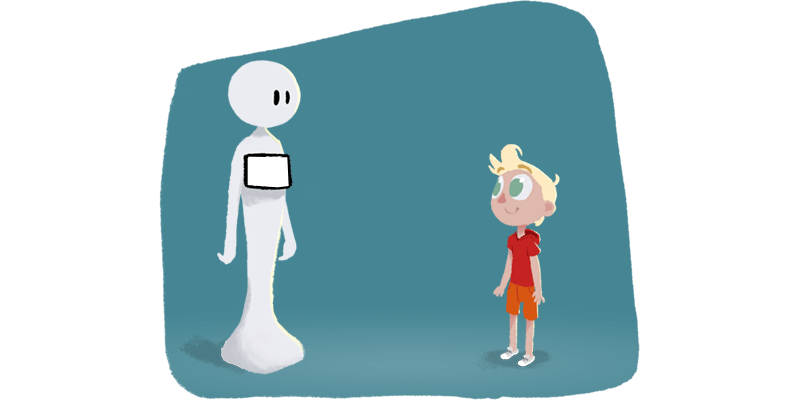 A colourful animation shows Pepper and Bobby chatting about a travel destination