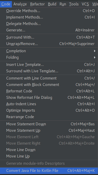 Convert Java File to Kotlin file menu