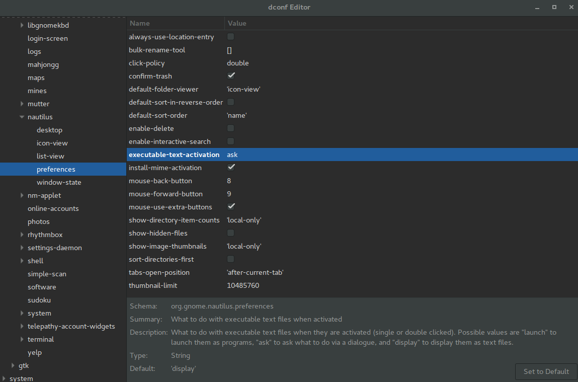 View of the dconf-editor window