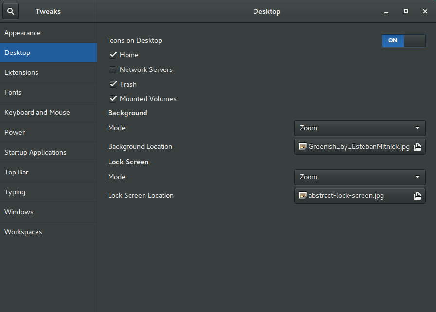 Desktop menu of the gnome-tweak-tool application GUI