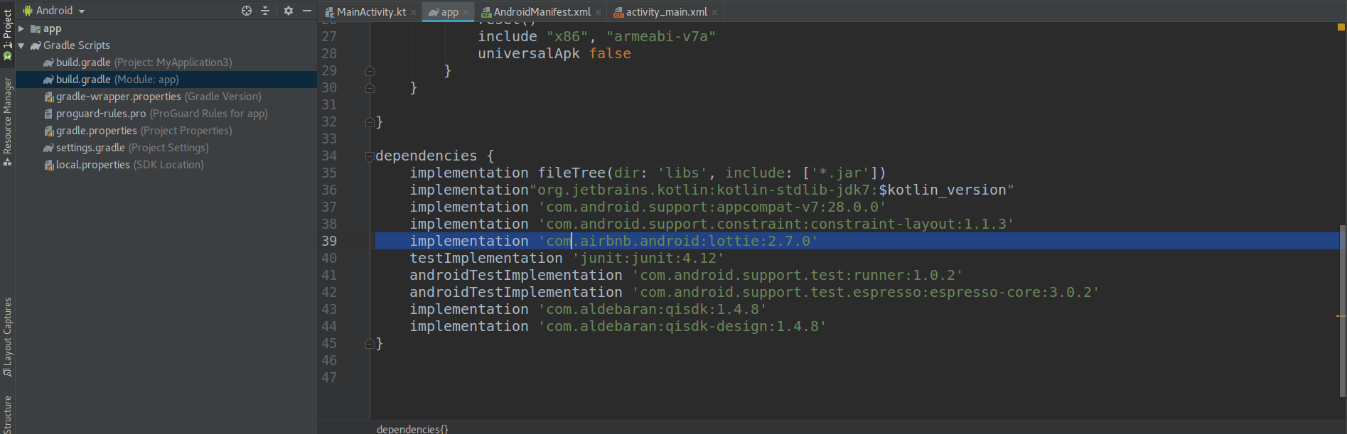 View of the app module gradle file content