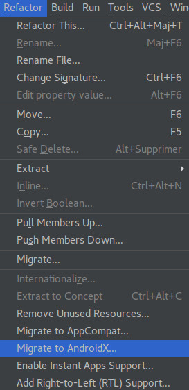 'Refactor > Migrate to AndroidX' menu