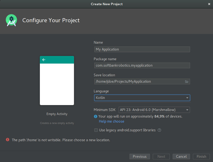 Kotlin language selection in Create New Project dialog window