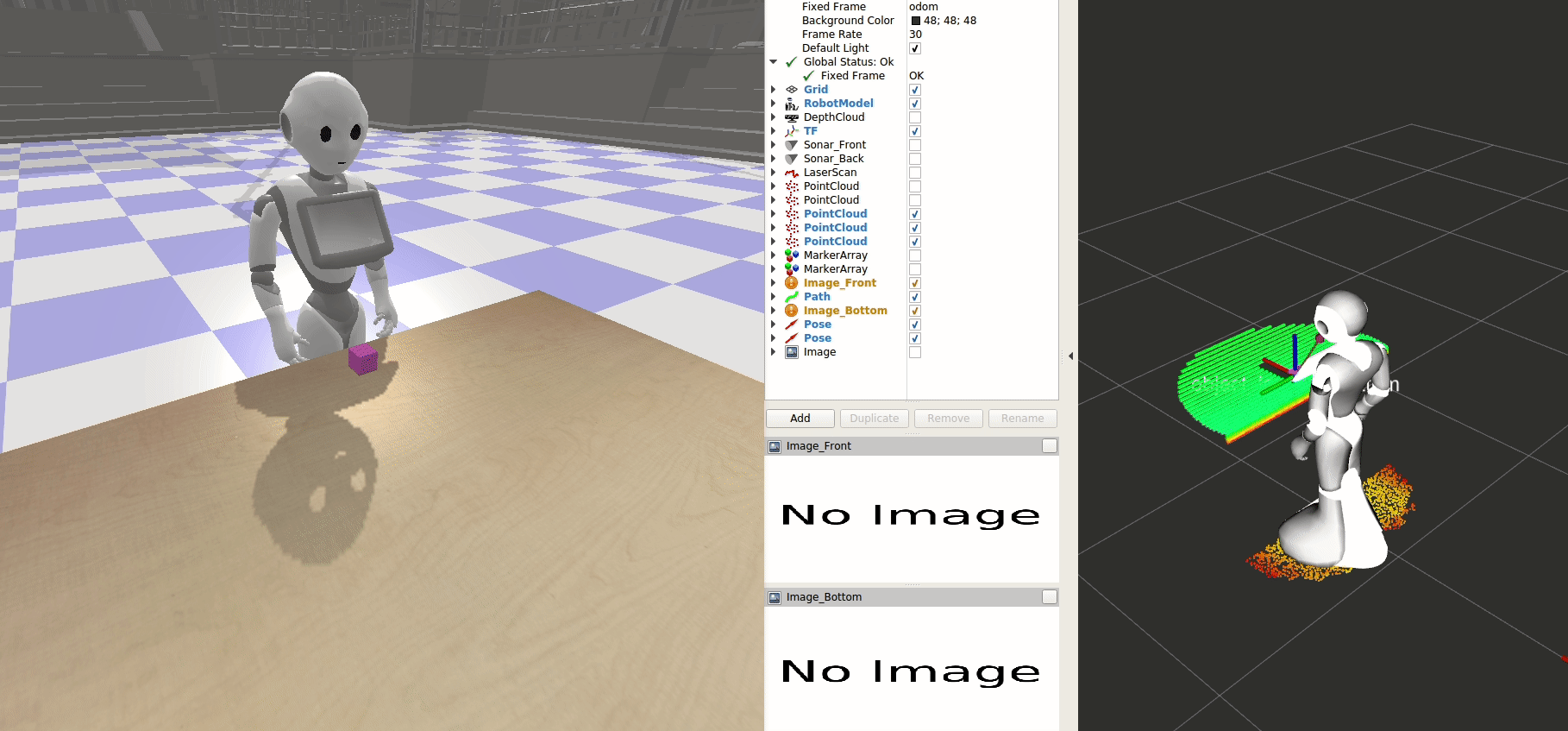 A simulation of Pepper grasping a cube