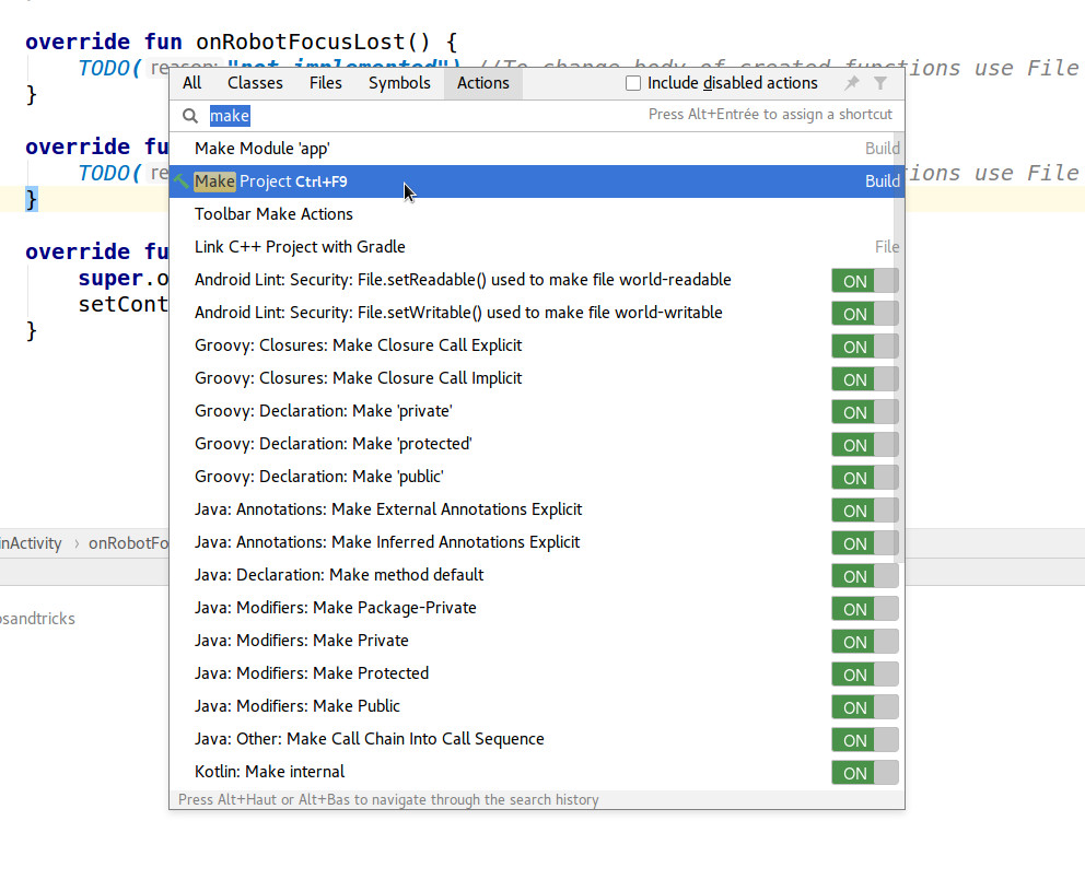 Actions list and shortcuts
