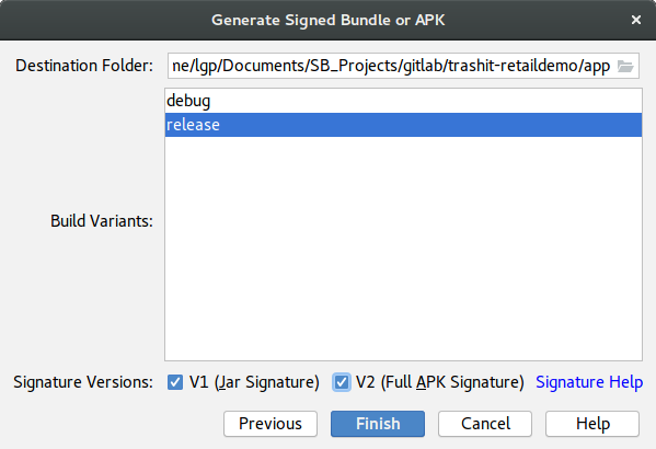 Popup on Build variants and Signature Versions