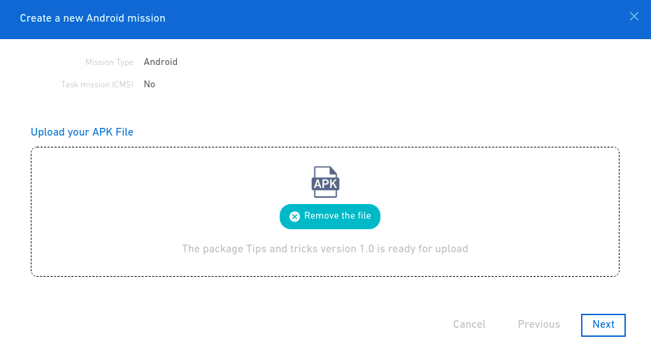 Popup to select APK for upload Popup to select APK for upload