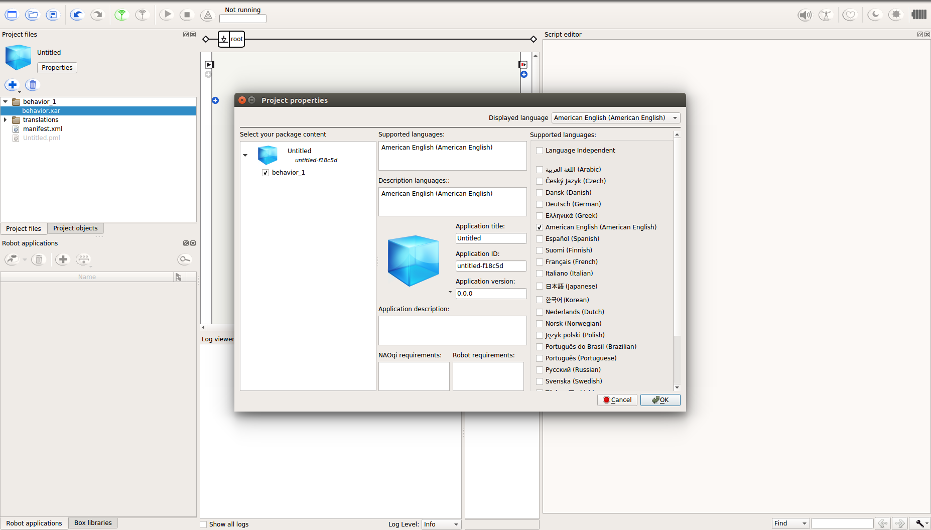 Choregraphe: selecting more languages