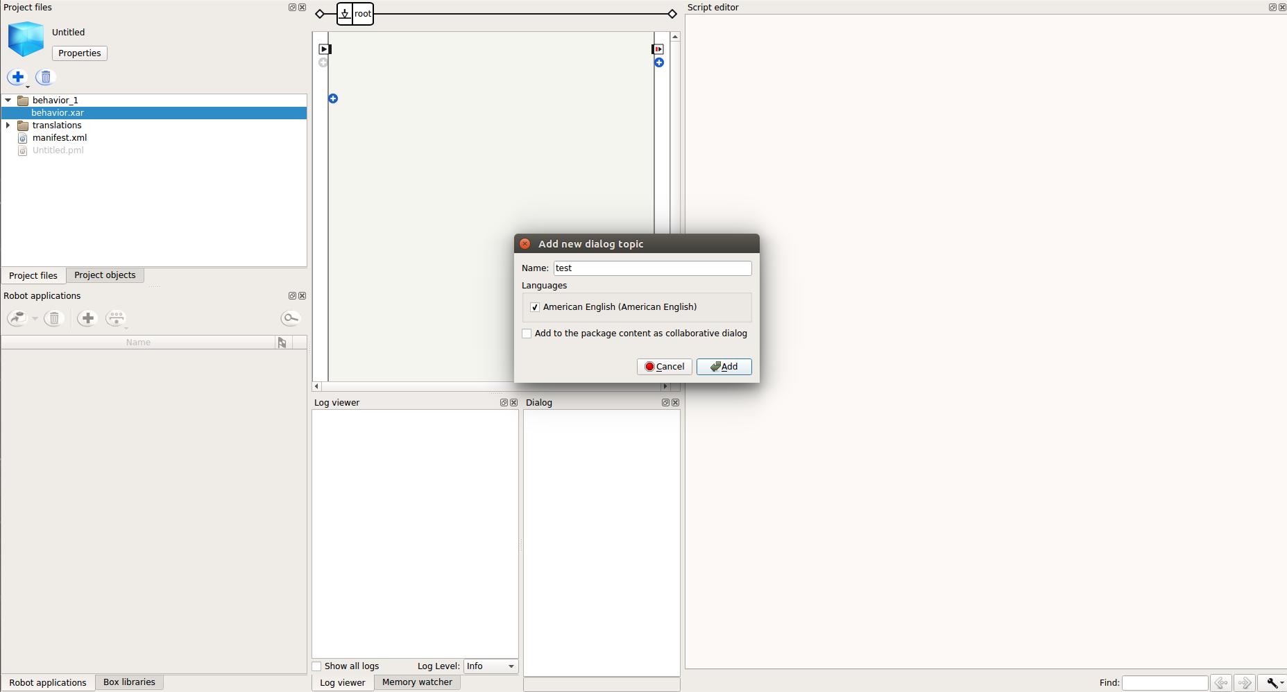 Choregraphe: naming the new dialog topic